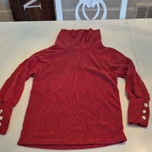 Red Ribbed Turtleneck Sweater - Small - Button Cuff Detail